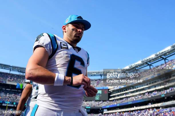 Baker Mayfield of the Carolina Panthers walks off the field after the game against the New York Giants at MetLife Stadium on September 18, 2022 in...