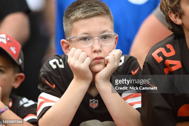 Young Cleveland Browns fan reacts during the second half of the game against the New York Jets at FirstEnergy Stadium on September 18, 2022 in...