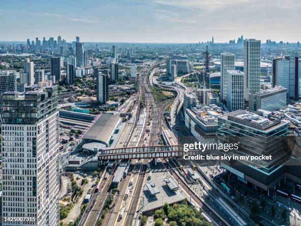 london - stratford, from a drone perspective - stratford london stock pictures, royalty-free photos & images
