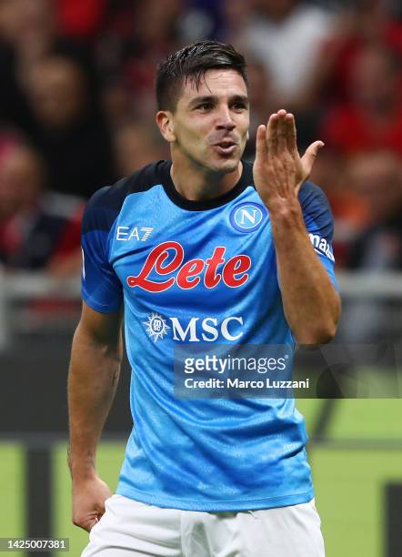 Giovanni Simeone of SSC Napoli celebrates after scoring their team's second goal during the Serie A match between AC Milan and SSC Napoli at Stadio...