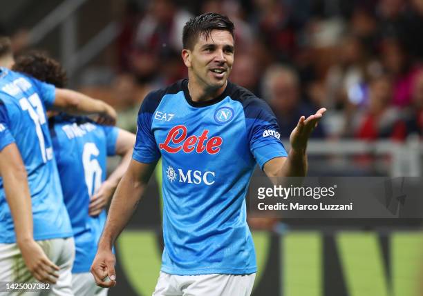 Giovanni Simeone of SSC Napoli celebrates after scoring their team's second goal during the Serie A match between AC Milan and SSC Napoli at Stadio...