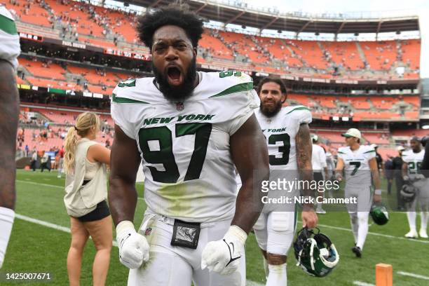 Braden Mann of the New York Jets reacts as he runs off the field after their 31-30 win against the Cleveland Browns at FirstEnergy Stadium on...