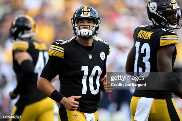 Mitch Trubisky of the Pittsburgh Steelers looks on during the second half in the game against the New England Patriots at Acrisure Stadium on...