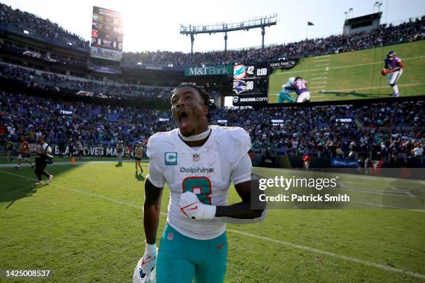 Jevon Holland of the Miami Dolphins celebrates a 42-38 win over the Baltimore Ravens at M&T Bank Stadium on September 18, 2022 in Baltimore, Maryland.