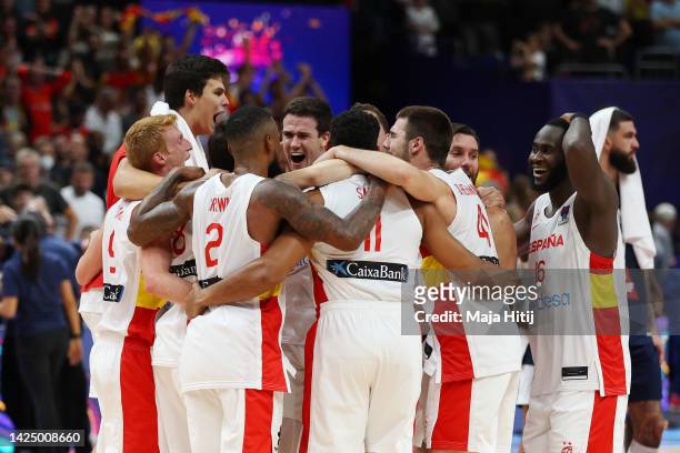 Players of Spain celebrate victory to win the Gold Medal following the FIBA EuroBasket 2022 final match between Spain v France at EuroBasket Arena...