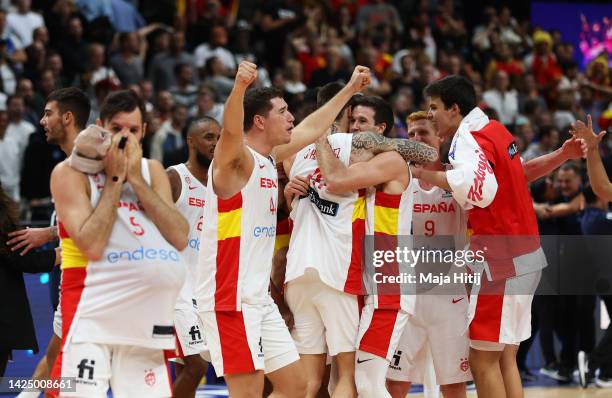 Players of Spain celebrate victory to win the Gold Medal following the FIBA EuroBasket 2022 final match between Spain v France at EuroBasket Arena...