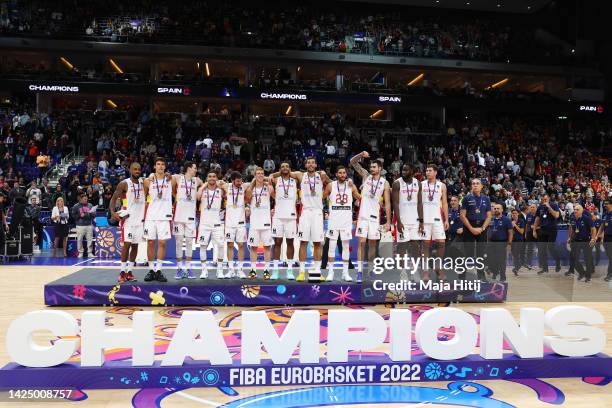 Gold Medallists Spain celebrate on the podium following their victory in the FIBA EuroBasket 2022 final match between Spain v France at EuroBasket...