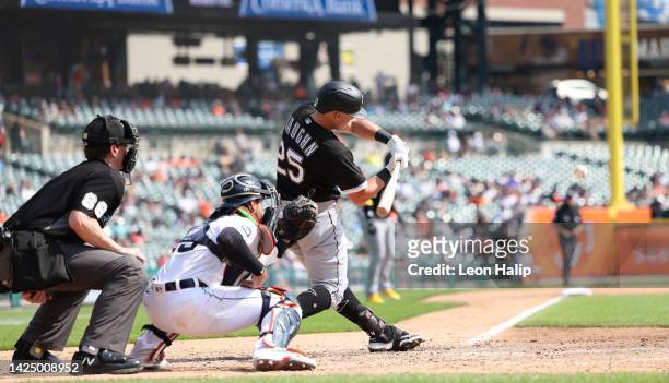 Andrew Vaughn of the Chicago Whites Sox hits a fifth-inning grand slam home run during the game against the Detroit Tiger at Comerica Park on...