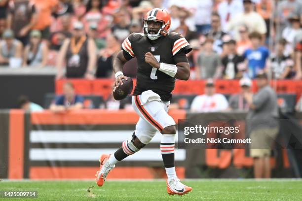 Jacoby Brissett of the Cleveland Browns runs with the ball against the New York Jets during the second half at FirstEnergy Stadium on September 18,...