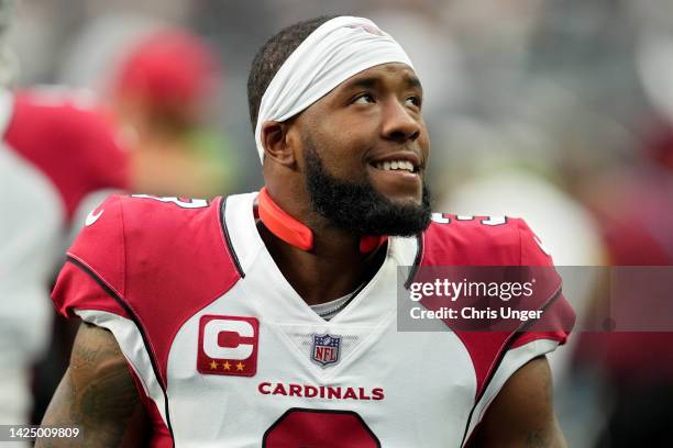 Budda Baker of the Arizona Cardinals looks on before the game against the Las Vegas Raiders at Allegiant Stadium on September 18, 2022 in Las Vegas,...