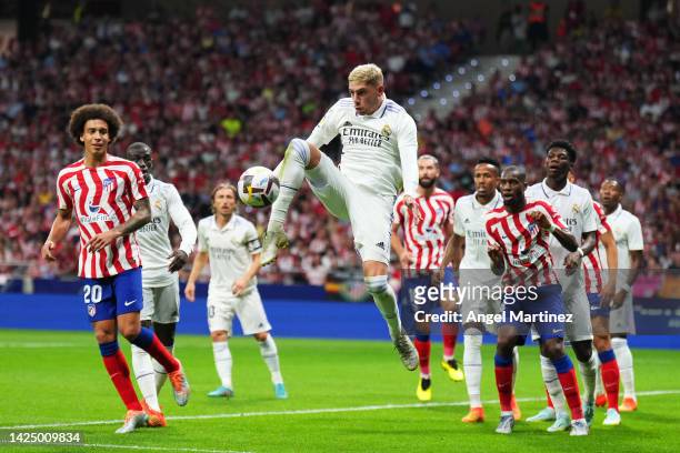 Federico Valverde of Real Madrid controls the ball during the LaLiga Santander match between Atletico de Madrid and Real Madrid CF at Civitas...