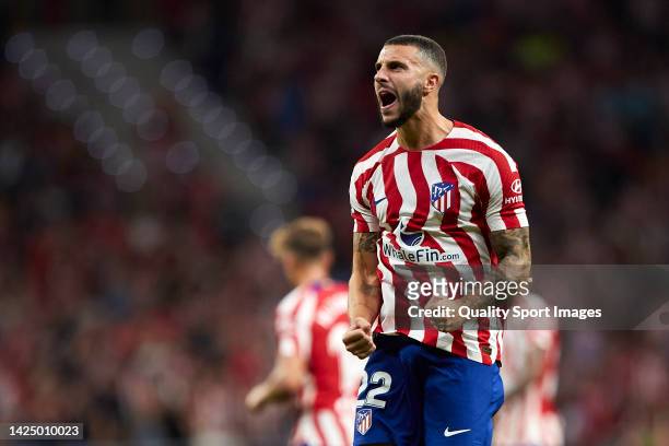 Mario Hermoso of Atletico de Madrid celebrates after scoring his team's first goal during the LaLiga Santander match between Atletico de Madrid and...