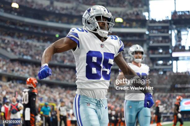 Noah Brown of the Dallas Cowboys celebrates after making a catch for a touchdown against the Cincinnati Bengals during the first quarter at AT&T...