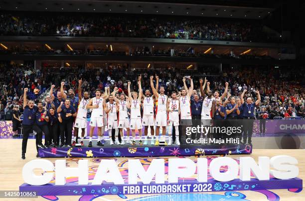 Gold Medallists Spain celebrate on the podium following their victory in the FIBA EuroBasket 2022 final match between Spain v France at EuroBasket...