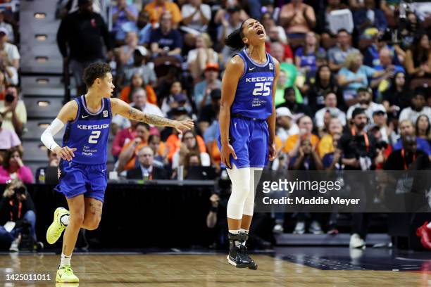 Alyssa Thomas of the Connecticut Sun celebrates scoring in the first half against the Las Vegas Aces during game four of the 2022 WNBA Finals at...