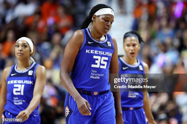 Jonquel Jones of the Connecticut Sun reacts in the first half against the Las Vegas Aces during game four of the 2022 WNBA Finals at Mohegan Sun...