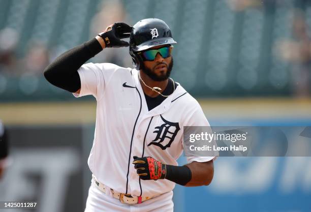 Willi Castro of the Detroit Tigers celebrates his two-run home run in the first inning against the Chicago White Sox at Comerica Park on September...