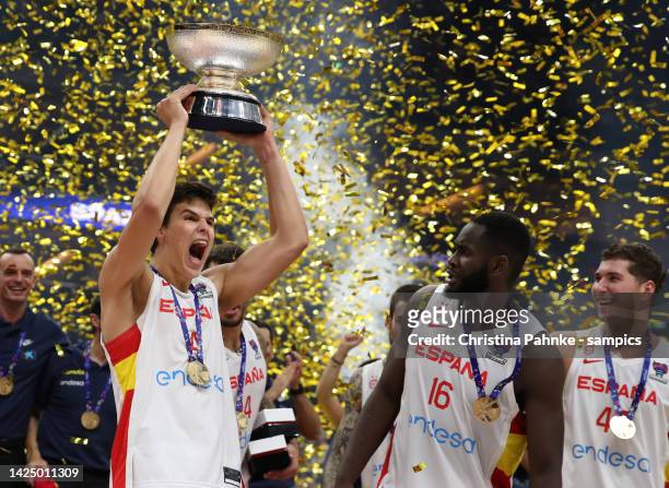 Willy Hernan Gomez of Spain with Alvaro Odriozola o Spain celebrate victory to win the Gold Medal following the FIBA EuroBasket 2022 final match...