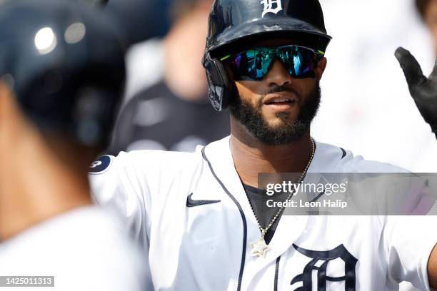 Willi Castro of the Detroit Tigers celebrates his two-run home run in the first inning against the Chicago White Sox at Comerica Park on September...