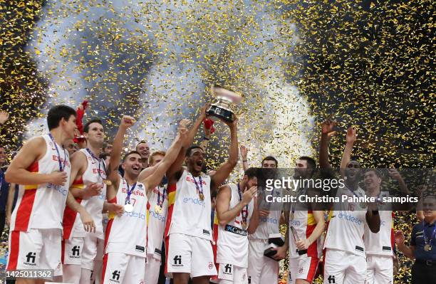 Spain players celebrate victory to win the Gold Medal following during the FIBA EuroBasket 2022 final match between Spain v France at EuroBasket...