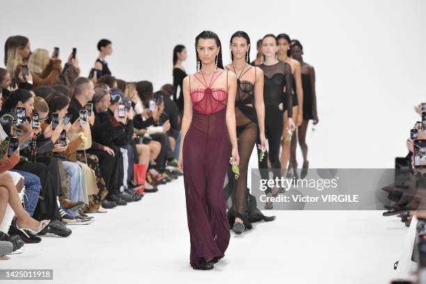 Emily Ratajkowski walks the runway during the Nensi Dojaka Ready to Wear Spring/Summer 2023 fashion show as part of the London Fashion Week on...