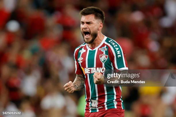 Nathan of Fluminense celebrates the victory after a match between Flamengo and Fluminense as part of Brasileirao 2022 at Maracana Stadium on...