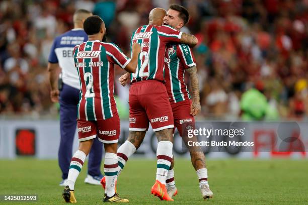 Nathan of Fluminense celebrates with Felipe Melo of Fluminense the victory after a match between Flamengo and Fluminense as part of Brasileirao 2022...