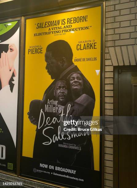 Signage at the first performance of the new revival of Arthur Miller's "Death of a Salesman" on Broadway at The Hudson Theatre on September 17, 2022...