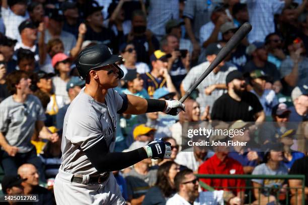 Aaron Judge of the New York Yankees hits a home run in the seventh inning against the Milwaukee Brewers at American Family Field on September 18,...