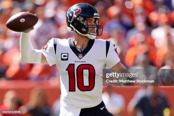 Davis Mills of the Houston Texans throws a pass during the first quarter against the Denver Broncos at Empower Field At Mile High on September 18,...