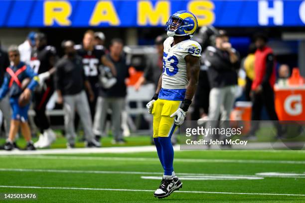 Ernest Jones of the Los Angeles Rams celebrates a stop during the second quarter against the Atlanta Falcons at SoFi Stadium on September 18, 2022 in...
