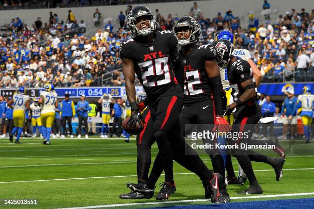 Casey Hayward of the Atlanta Falcons celebrates after an interception during the second quarter against the Los Angeles Rams at SoFi Stadium on...