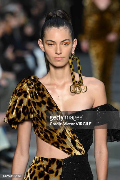 Model walks the runway during the Halpern Ready to Wear Spring/Summer 2023 fashion show as part of the London Fashion Week on September 18, 2022 in...