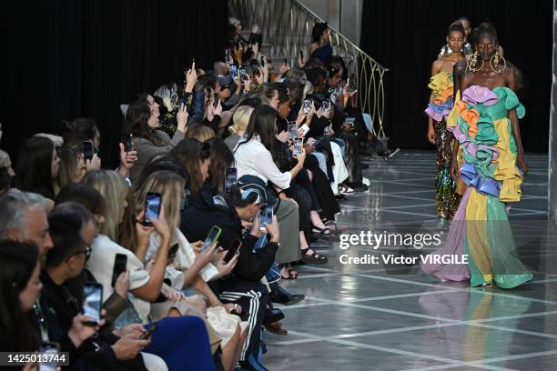 Model walks the runway during the Halpern Ready to Wear Spring/Summer 2023 fashion show as part of the London Fashion Week on September 18, 2022 in...