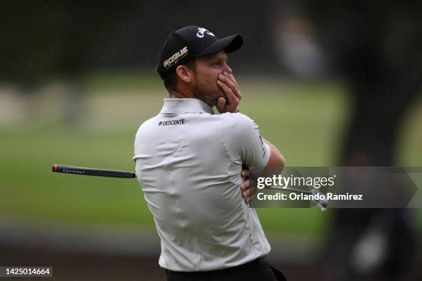 Danny Willett of England reacts to a missed putt on the 13th hole during the final round of the Fortinet Championship at Silverado Resort and Spa...