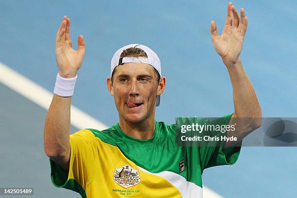 Matthew Ebden of Australia celebrates winning his singles match against Suk-Young Jeong of Korea on day one of the Davis Cup Asia Oceania Zone Second...