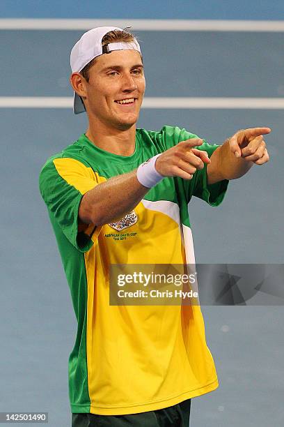 Matthew Ebden of Australia celebrates winning his singles match against Suk-Young Jeong of Korea on day one of the Davis Cup Asia Oceania Zone Second...