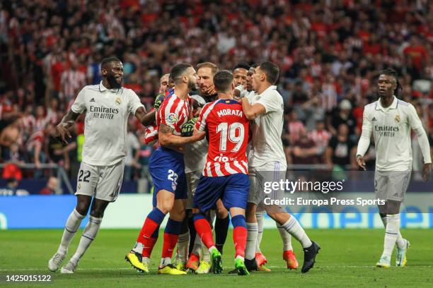 Players of Real Madrid and Atletico de Madrid fight during La Liga football match played between Atletico de Madrid and Real Madrid at Civitas...