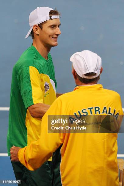 Matthew Ebden of Australia celebrates winning his singles match against Suk-Young Jeong of Korea on day one of the Davis Cup Asia Oceania Zone Second...