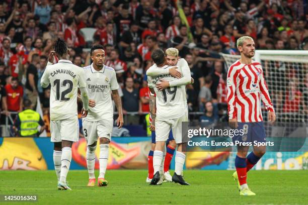 Players of Real Madrid celebrate after winning La Liga football match played between Atletico de Madrid and Real Madrid at Civitas Metropolitano on...