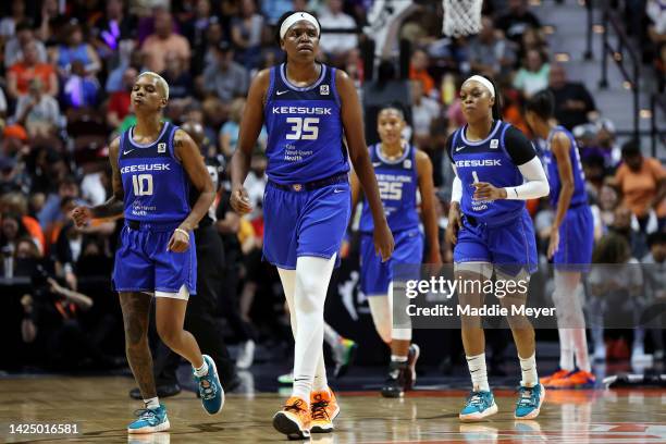 Jonquel Jones of the Connecticut Sun reacts in the first half against the Las Vegas Aces during game four of the 2022 WNBA Finals at Mohegan Sun...