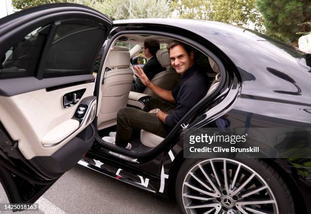 Roger Federer of Team Europe arrives ahead of the Laver Cup to be held at The O2, on September 18, 2022 in London, England.