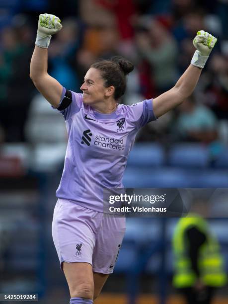 Liverpool goalkeeper Rachel Laws celebrates the first goal during the FA Women's Super League match between Liverpool FC Women and Chelsea FC Women...