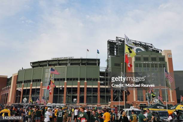 Fans tailgate prior to the game between the Green Bay Packers and the Chicago Bears at Lambeau Field on September 18, 2022 in Green Bay, Wisconsin.