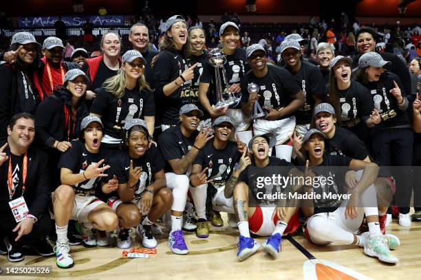 The Las Vegas Aces celebrate defeating the Connecticut Sun 78-71 in game four to win the 2022 WNBA Finals at Mohegan Sun Arena on September 18, 2022...