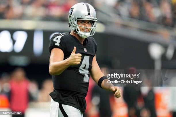 Derek Carr of the Las Vegas Raiders reacts after an incomplete pass in the third quarter against the Arizona Cardinals at Allegiant Stadium on...