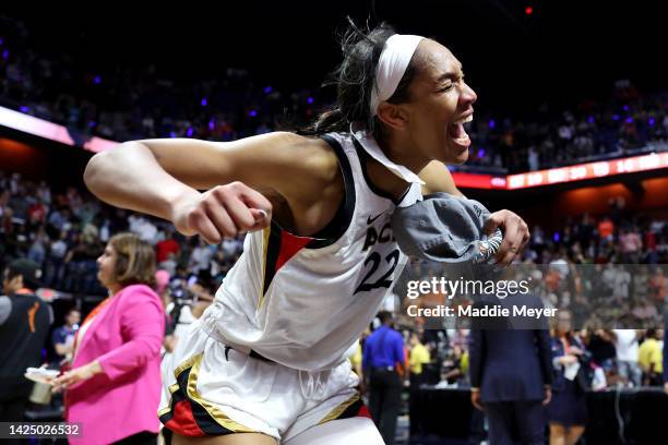 Ja Wilson of the Las Vegas Aces celebrates after defeating the Connecticut Sun 78-71 in game four to win the 2022 WNBA Finals at Mohegan Sun Arena on...