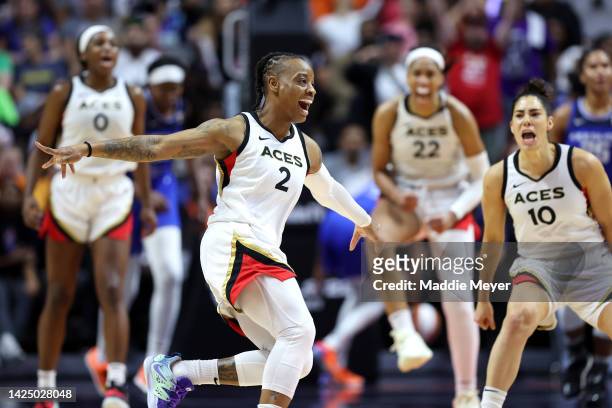 Riquna Williams of the Las Vegas Aces celebrates during the fourth quarter against the Connecticut Sun in game four of the 2022 WNBA Finals at...