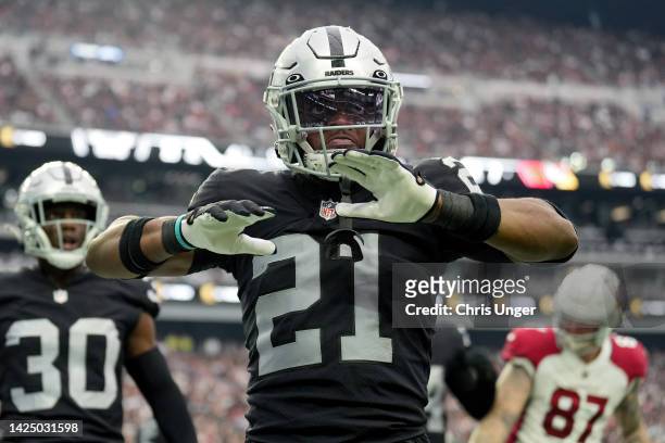 Amik Robertson of the Las Vegas Raiders reacts after forcing an incomplete pass in the fourth quarter against the Arizona Cardinals at Allegiant...