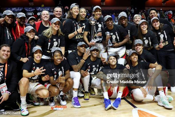 The Las Vegas Aces celebrate defeating the Connecticut Sun 78-71 in game four to win the 2022 WNBA Finals at Mohegan Sun Arena on September 18, 2022...